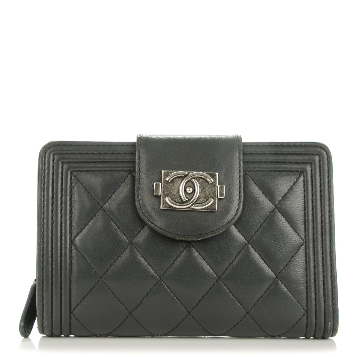 Lambskin Quilted Boy Large Zip Pocket Wallet Dark Grey