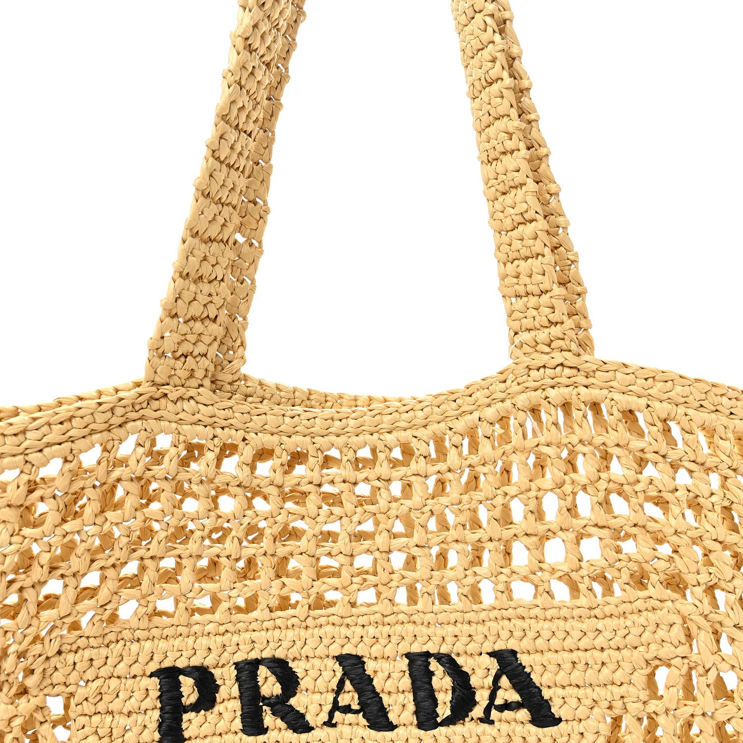 Prada Yarn Raffia Effect Crochet Logo Embroidered Tote Bag Naturale 7 of 9