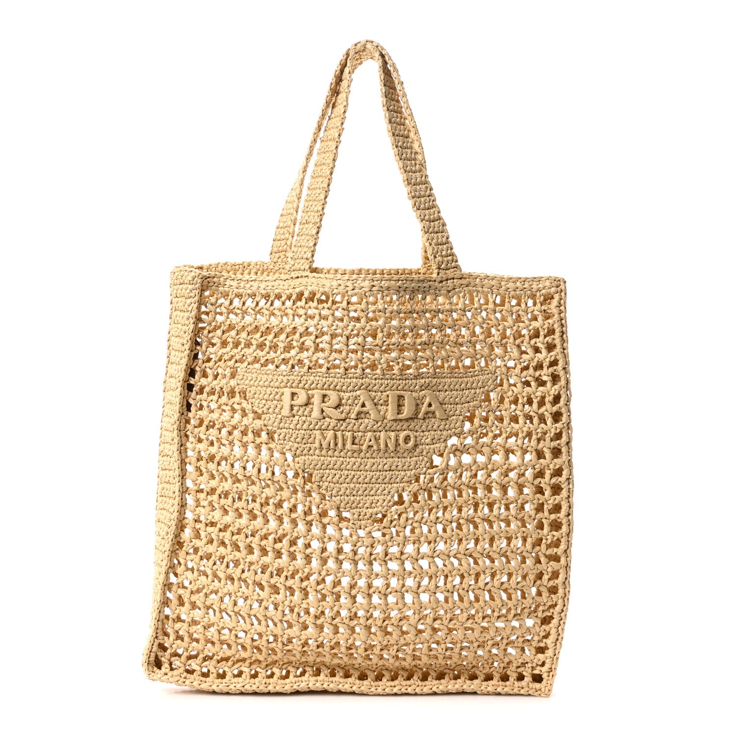 Prada Yarn Raffia Effect Crochet Logo Embroidered Tote Bag Naturale 1 of 10