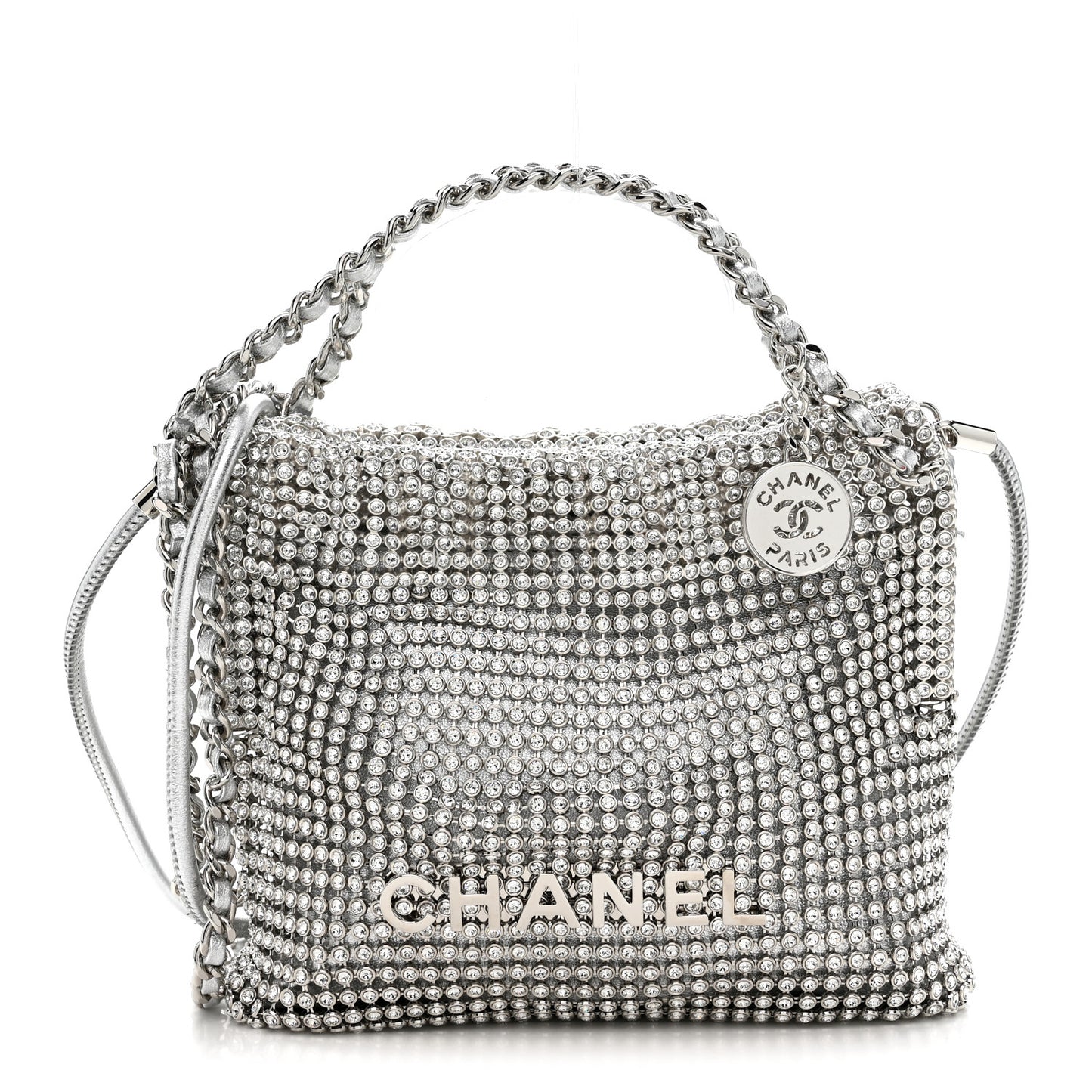 Crystal Embellished Metallic Lambskin Mini Chanel 22 Silver