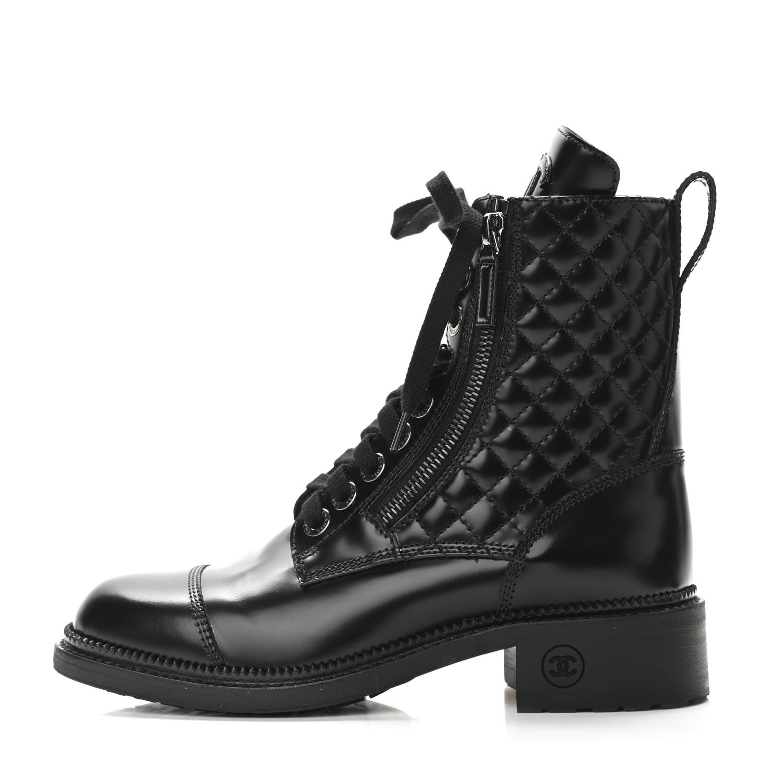 Chanel Calfskin Quilted Lace Up Combat Boots 36 Black 1 of 8