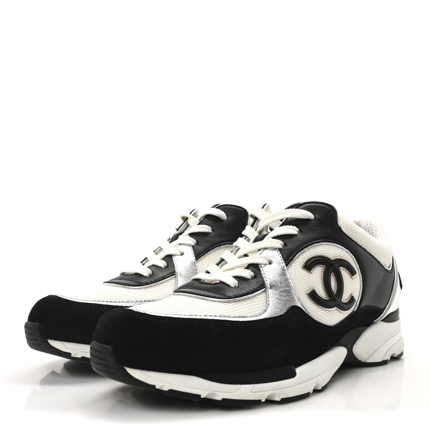 Chanel Mesh Suede Calfskin Grained Calfskin Womens CC Sneakers 40 Black White Silver 7 of 18