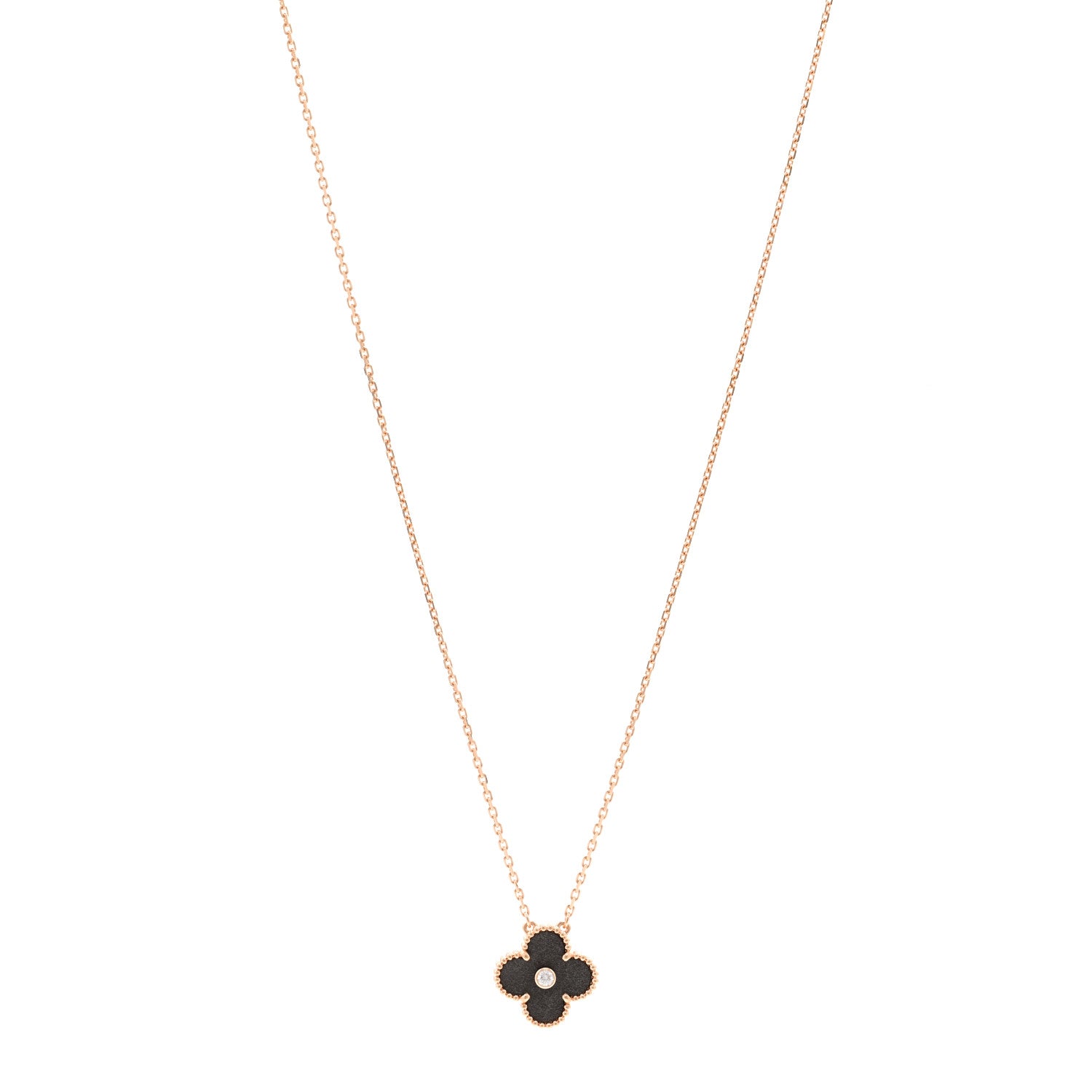 Van Cleef & Arpels 18K Rose Gold Diamond Silver Obsidian Vintage Alhambra Pendant Necklace 1 of 5