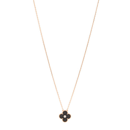 Van Cleef & Arpels 18K Rose Gold Diamond Silver Obsidian Vintage Alhambra Pendant Necklace 1 of 5