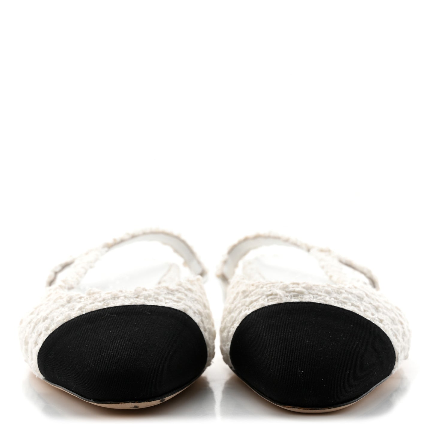 Tweed Grosgrain Toe CC Slingback Flat 37 White Black