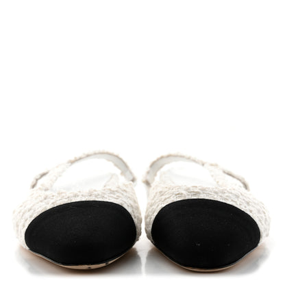 Chanel Tweed Grosgrain Toe CC Slingback Flat 37 White Black 2 of 9