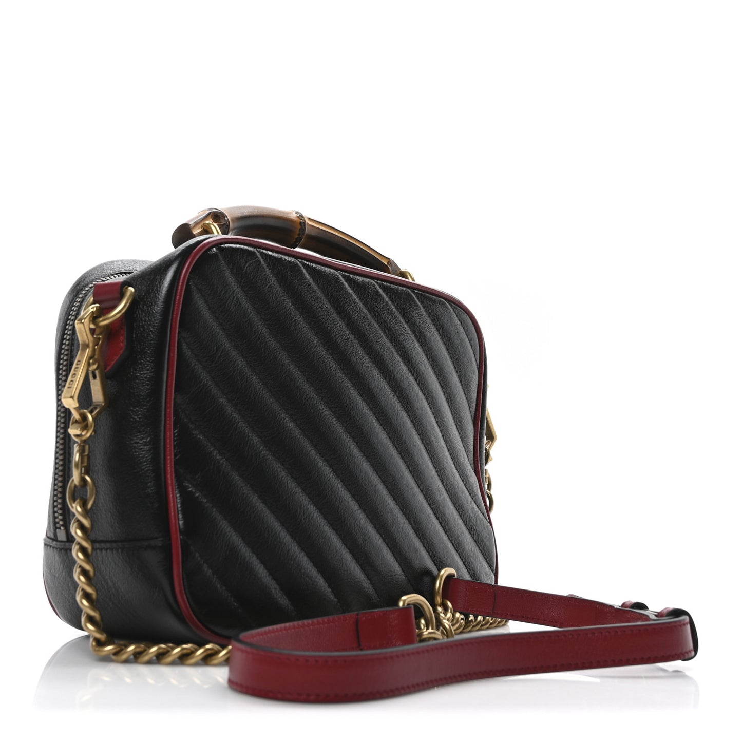 Vintage Effect Calfskin Matelasse Diagonal Small Torchon GG Marmont Bamboo Top Handle Shoulder Bag Black Romantic Cherry