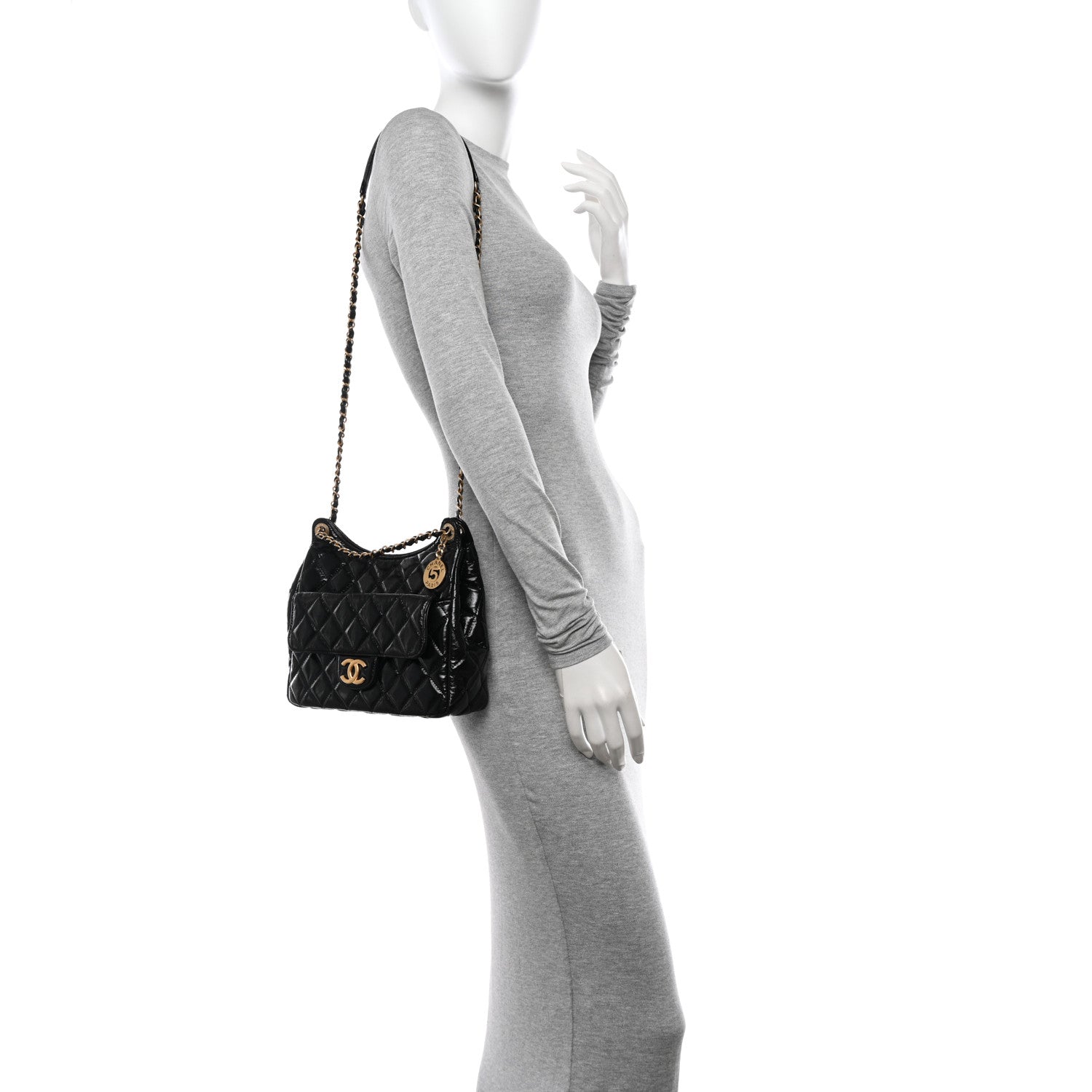 Chanel Shiny Crumpled Calfskin Quilted Wavy CC Hobo Black 2 of 10