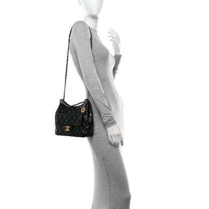 Chanel Shiny Crumpled Calfskin Quilted Wavy CC Hobo Black 2 of 10