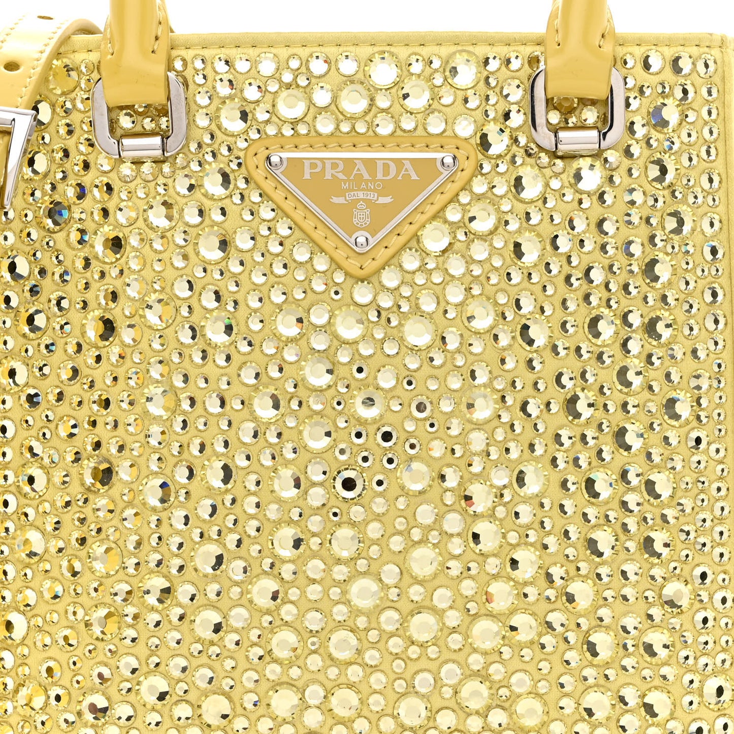 Satin Crystal Metal Triangle Logo Small Double Handle Crossbody Tote Ananas