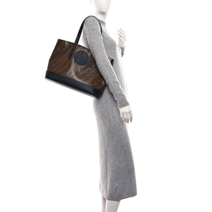 Fendi Glazed Fabric Vitello Century FF 1974 Stamp Patch Shopping Tote Mogano Panna Black 2 of 9