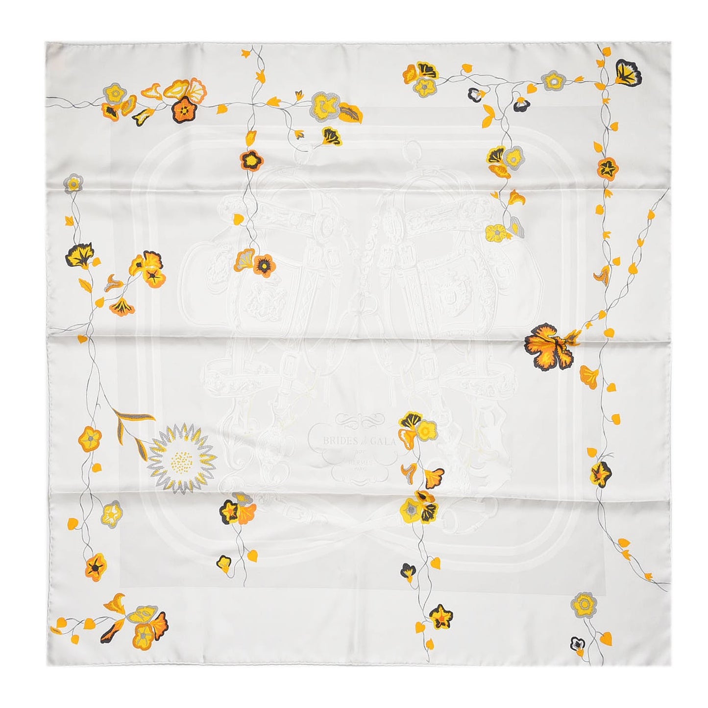 Silk Brides Fleuries Scarf 90 Gris Clair Bouton D'Or Anthracite