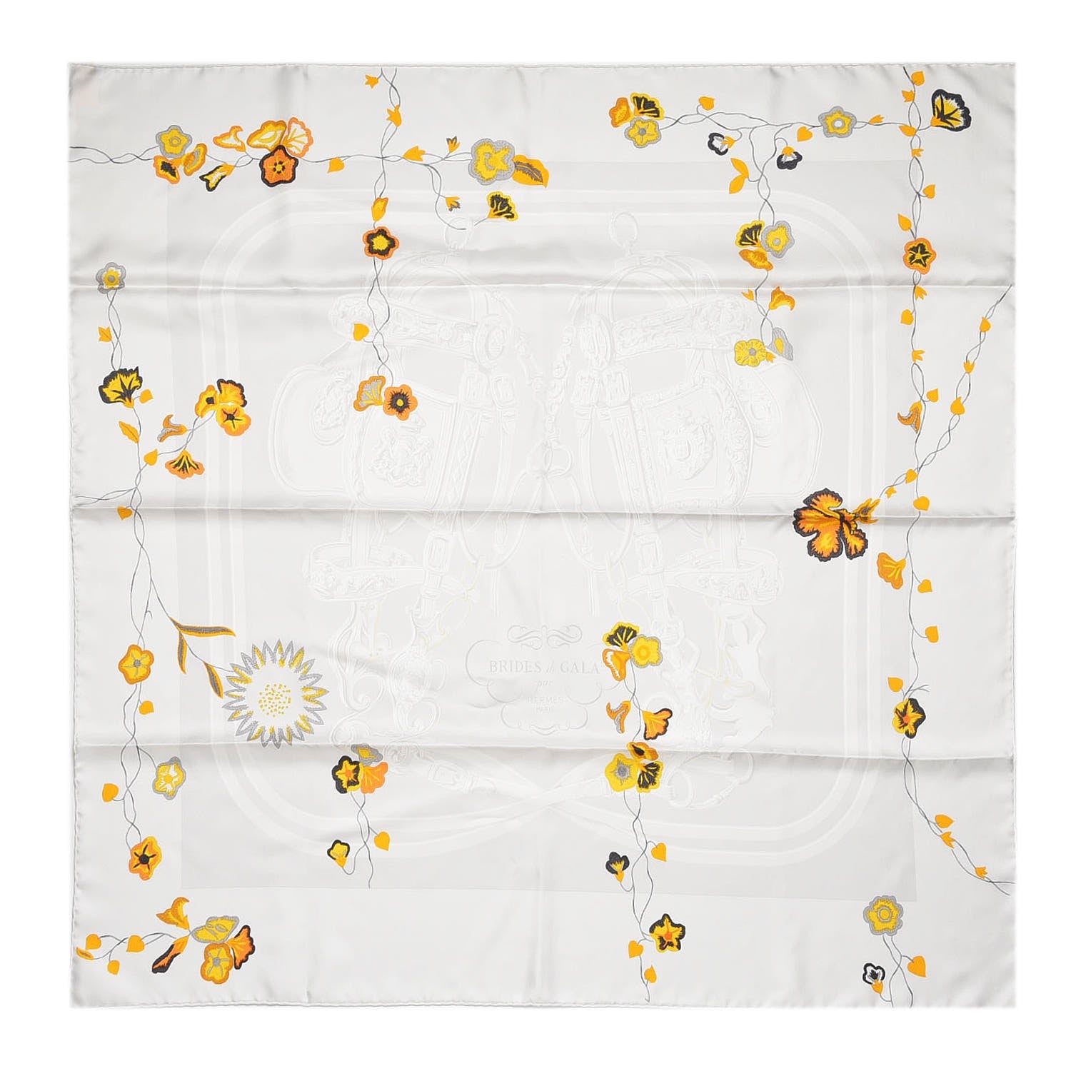 Hermes Silk Brides Fleuries Scarf 90 Gris Clair Bouton D'Or Anthracite 1 of 5