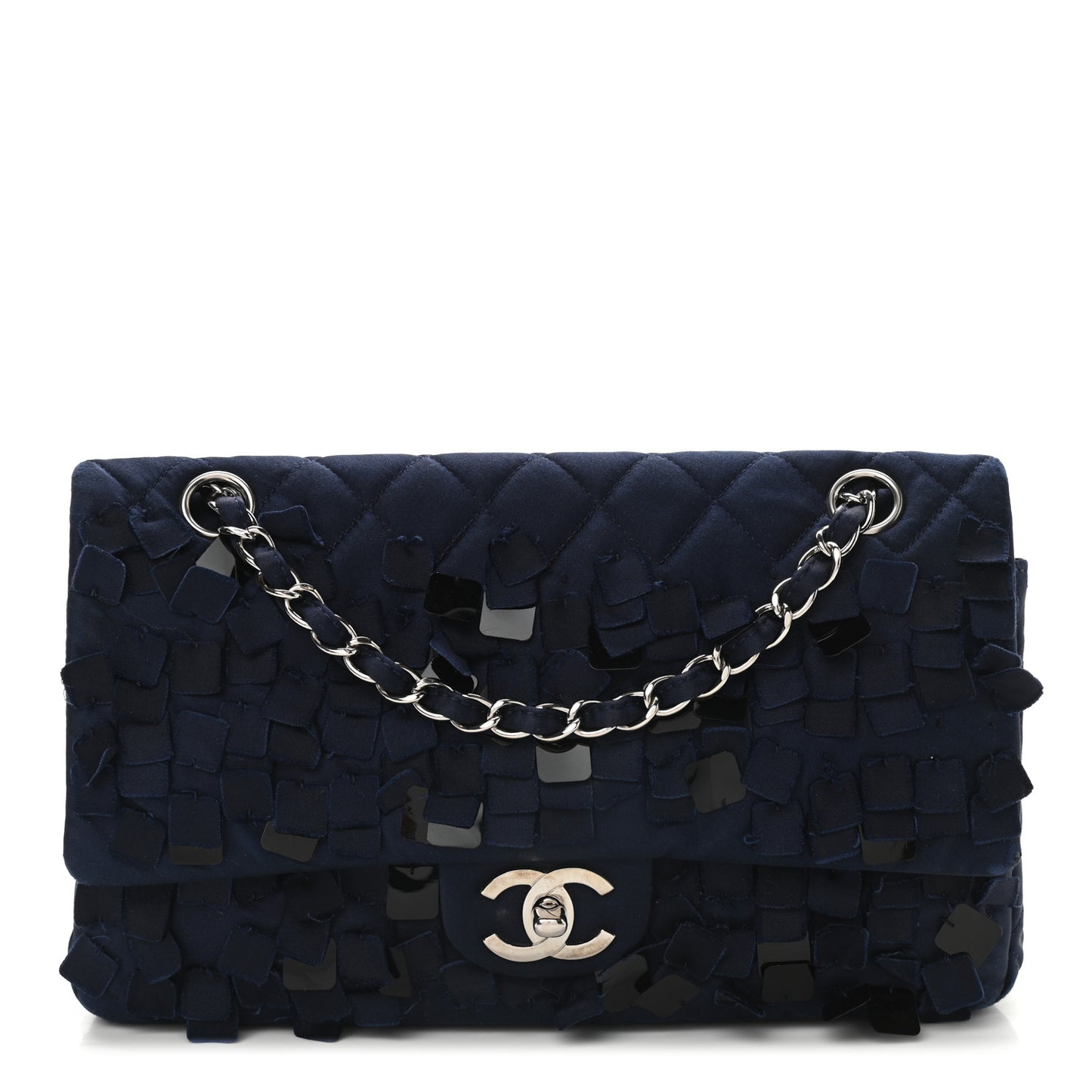 Satin Paillette Sequin Quilted Medium Single Flap Navy