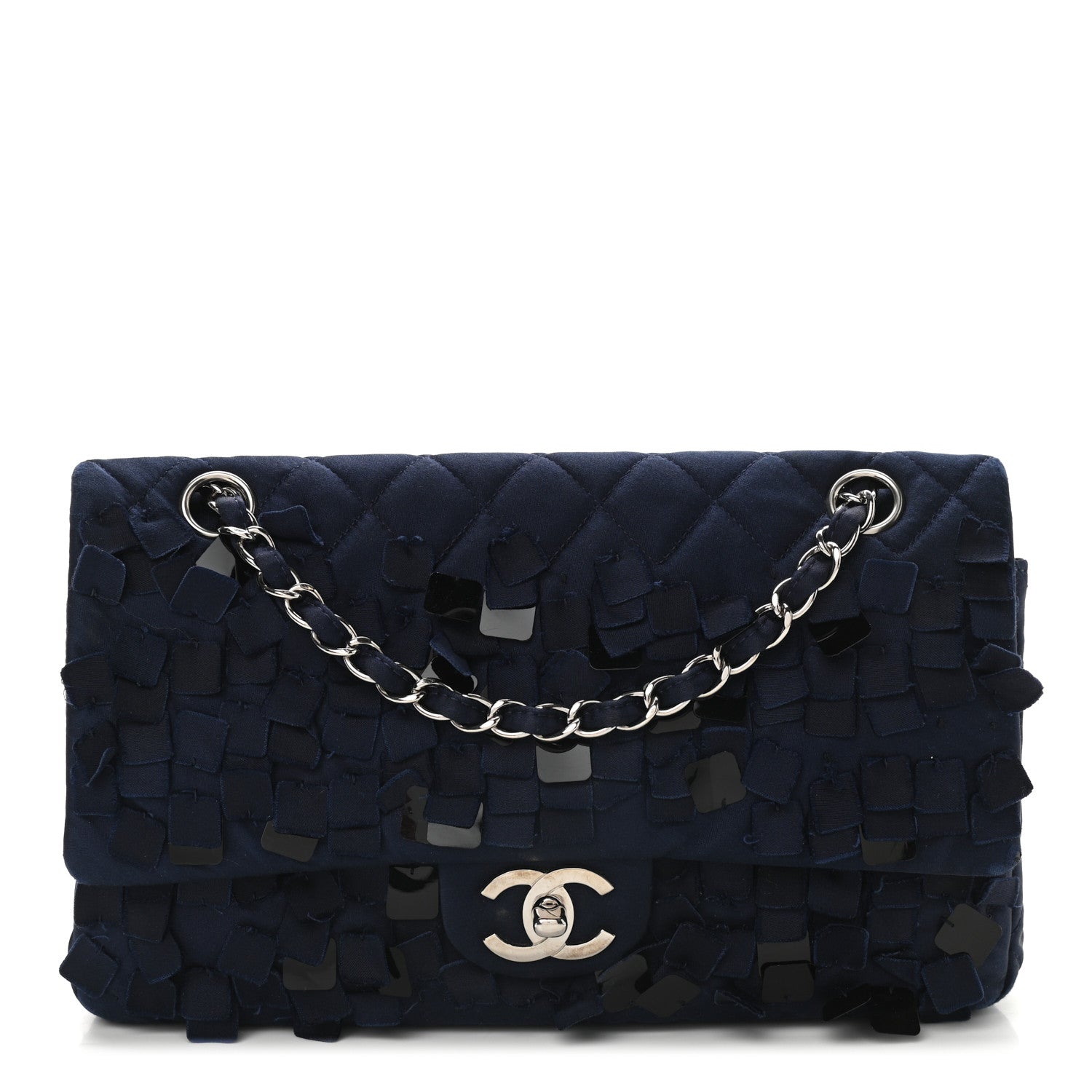Chanel Satin Paillette Sequin Quilted Medium Single Flap Navy 1 of 9