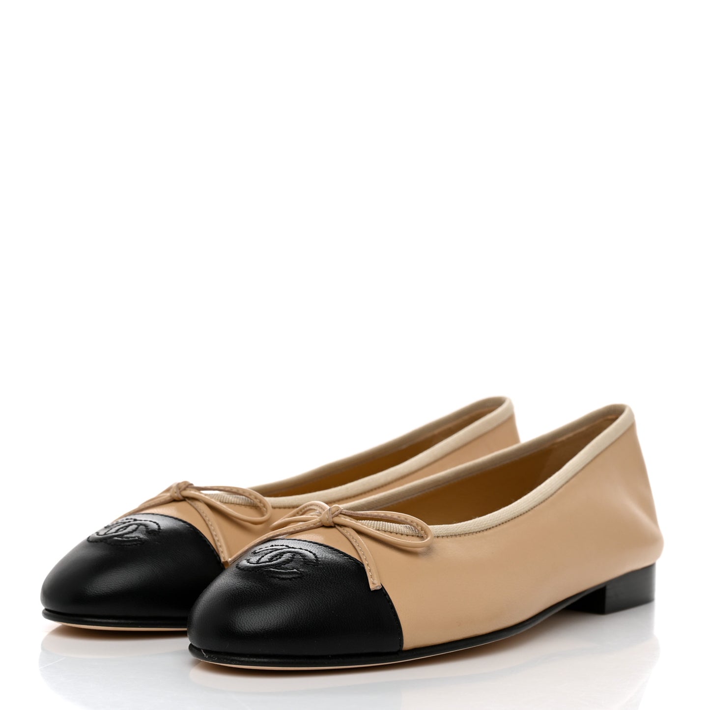 Lambskin Cap Toe Ballerina Flats 38.5 Beige Black