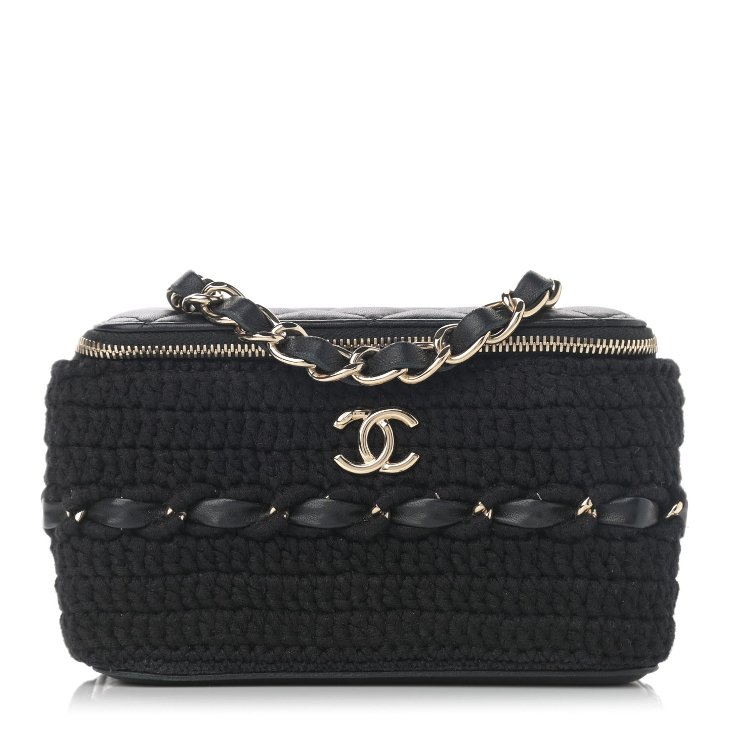 Lambskin Crochet Quilted Small Vanity Case With Chain Black