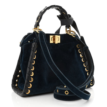 Fendi Velvet Vitello Seta Lace Up Mini Peekaboo Iconic Satchel Blue 3 of 11