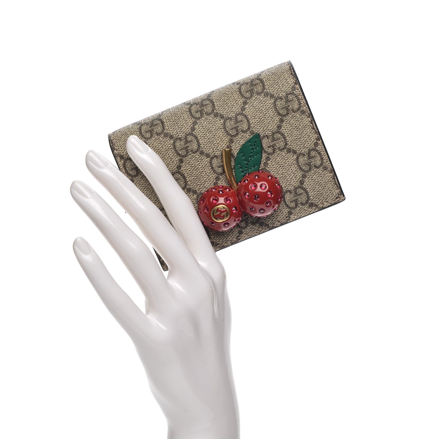 GG Supreme Monogram Cherry Embellished Card Case Wallet Hibiscus Red