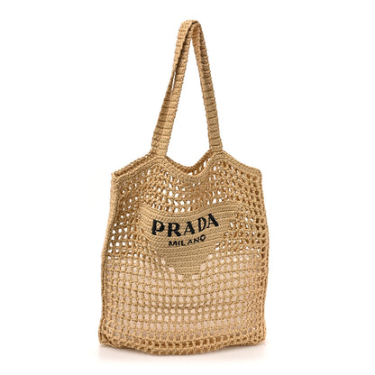 Prada Yarn Raffia Effect Crochet Logo Embroidered Tote Bag Naturale 1 of 10
