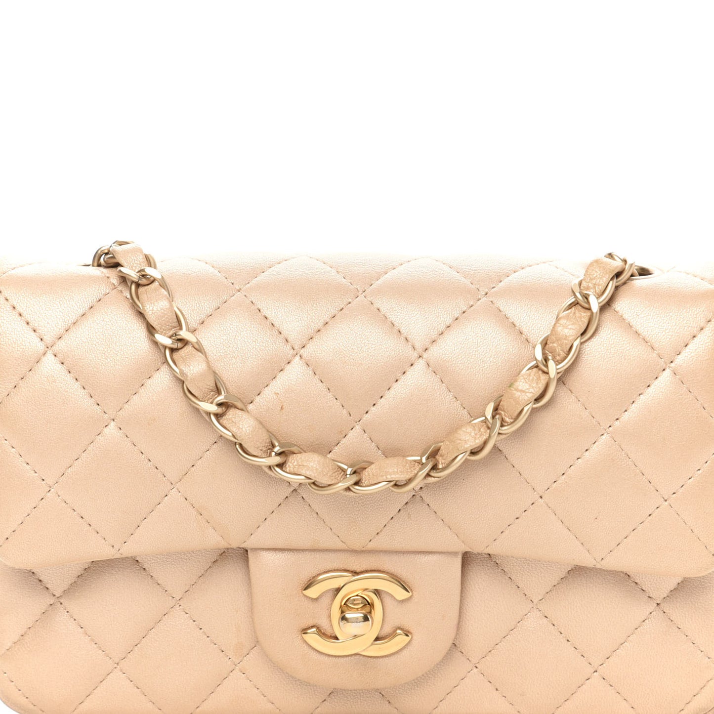 Metallic Lambskin Quilted Mini Rectangular Flap Beige