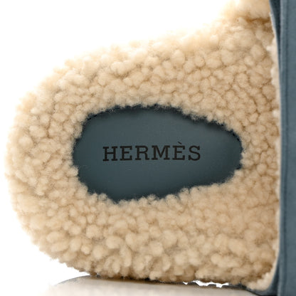 Hermes Suede Goatskin Woolskin Womens Chypre Sandals 37 Bleu Pinede Ecru 6 of 8