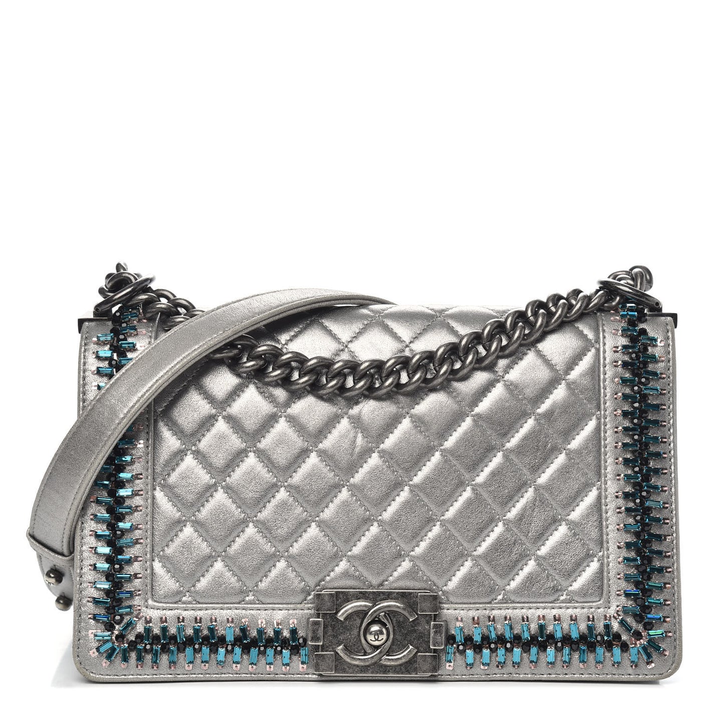 Metallic Lambskin Embellished Medium Boy Flap Silver