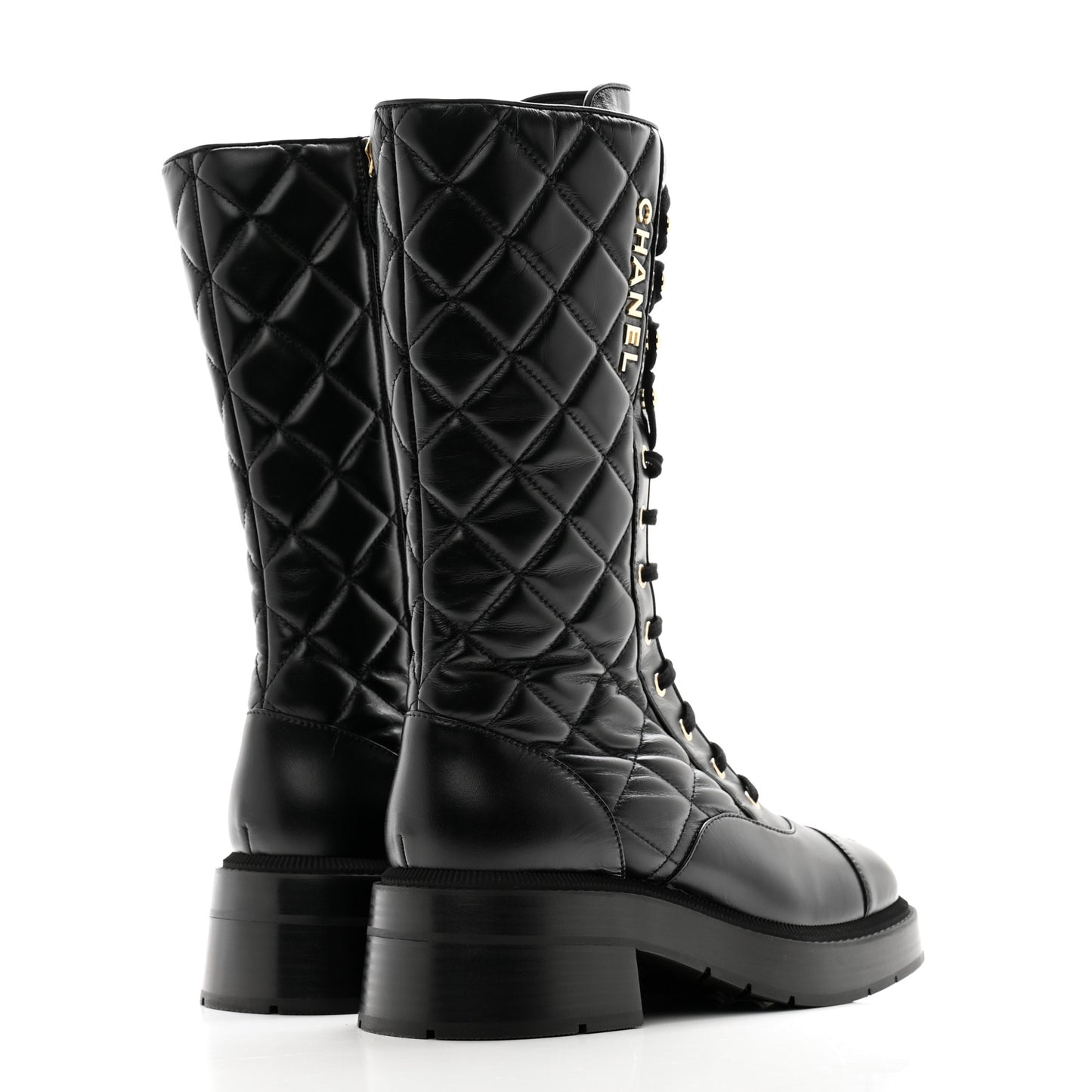 Calfskin Quilted Logo Lace Up Tall Combat Boots 38.5 Black