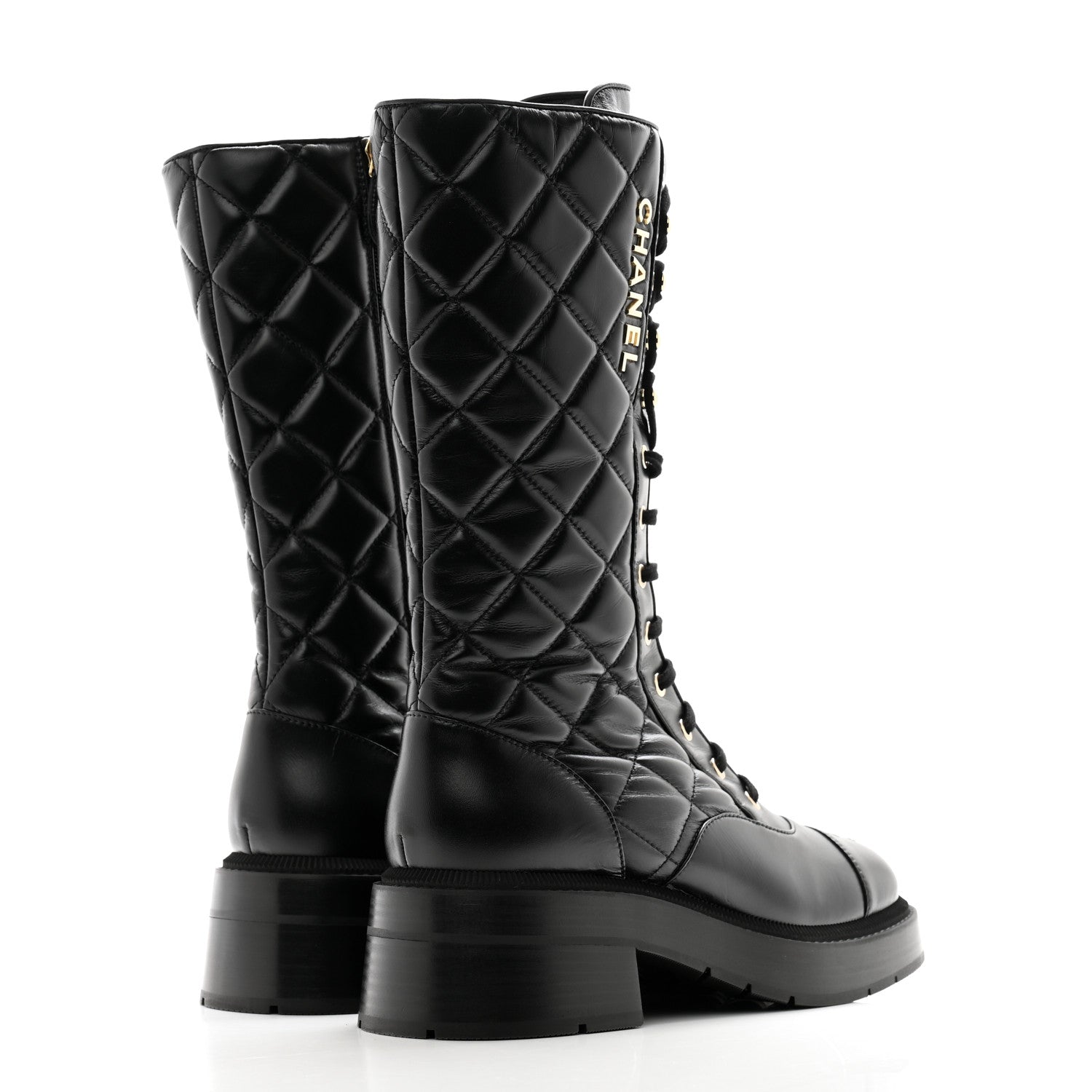 Chanel Calfskin Quilted Logo Lace Up Tall Combat Boots 38.5 Black 4 of 9