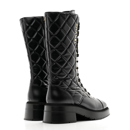 Chanel Calfskin Quilted Logo Lace Up Tall Combat Boots 38.5 Black 4 of 9