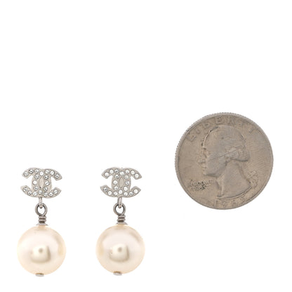 Chanel Crystal Pearl CC Drop Earrings Silver Pearly White 2 of 5