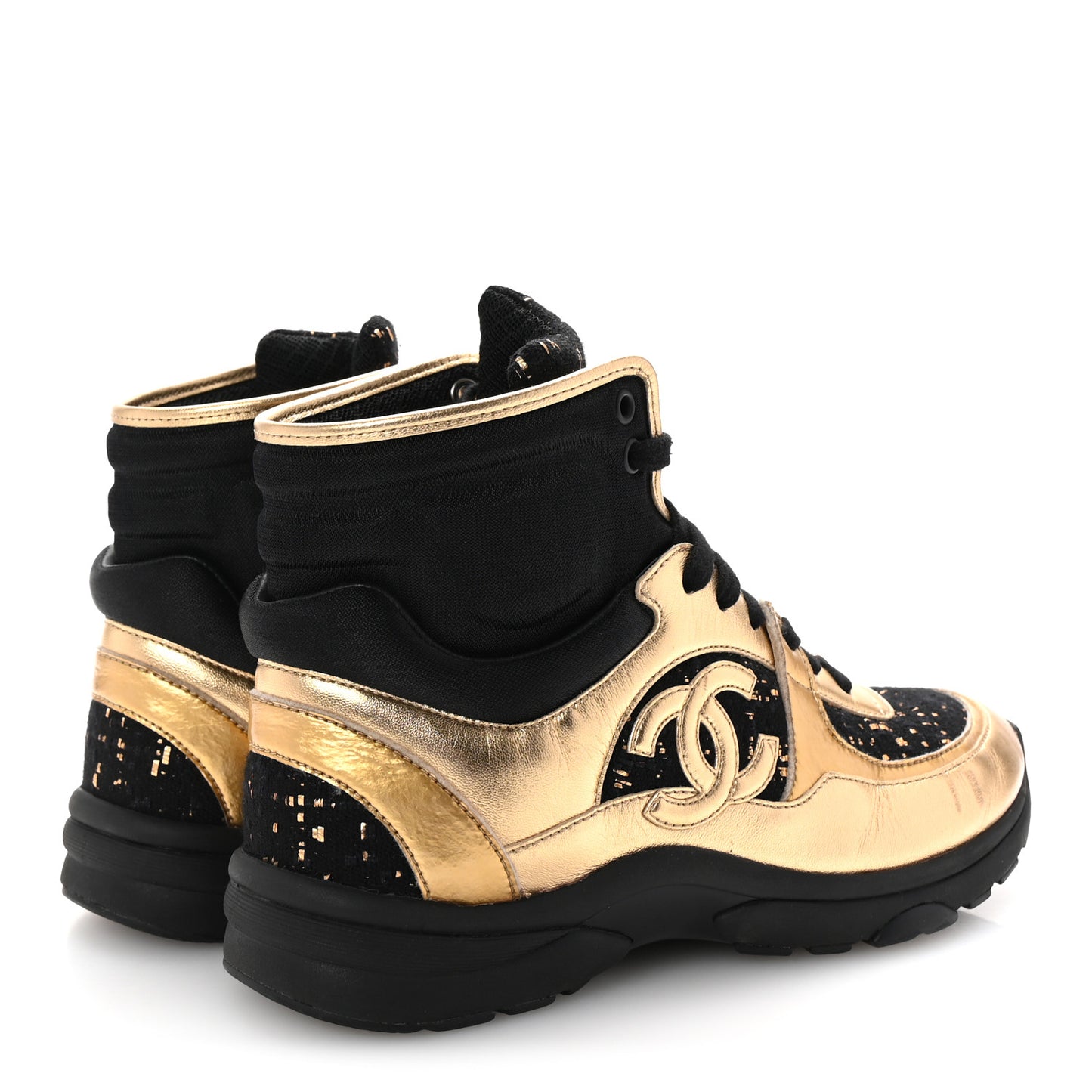 Satin Lambskin Fabric Tweed CC High Top Sneakers 37.5  Black Gold
