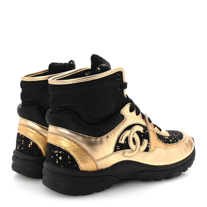 Chanel Satin Lambskin Fabric Tweed CC High Top Sneakers 37.5  Black Gold 5 of 9
