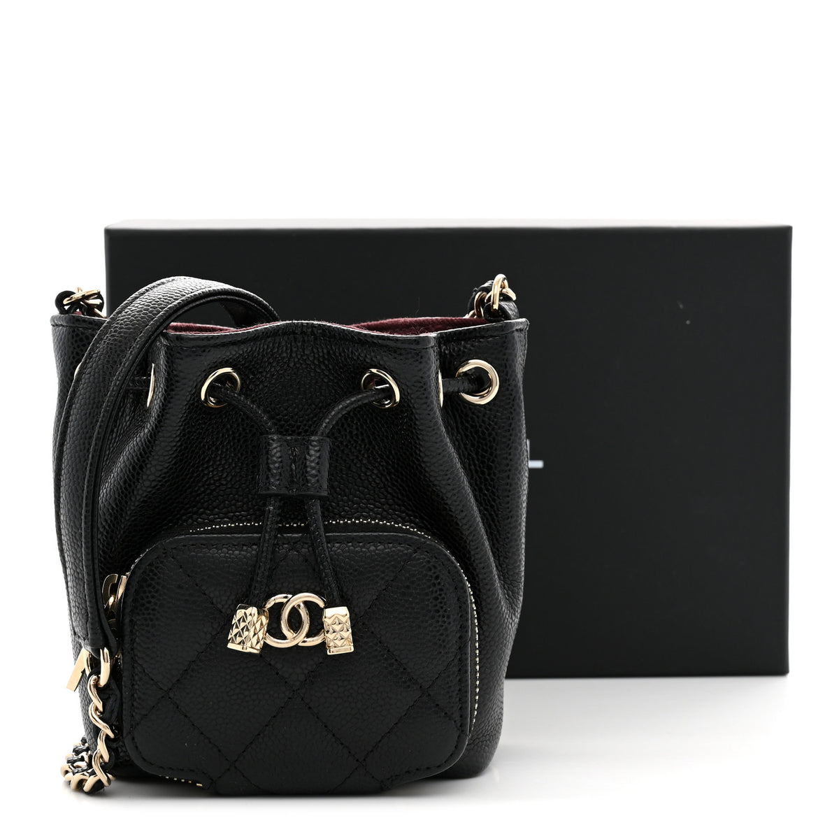 Caviar Quilted Mini CC Pocket Bucket Bag Black