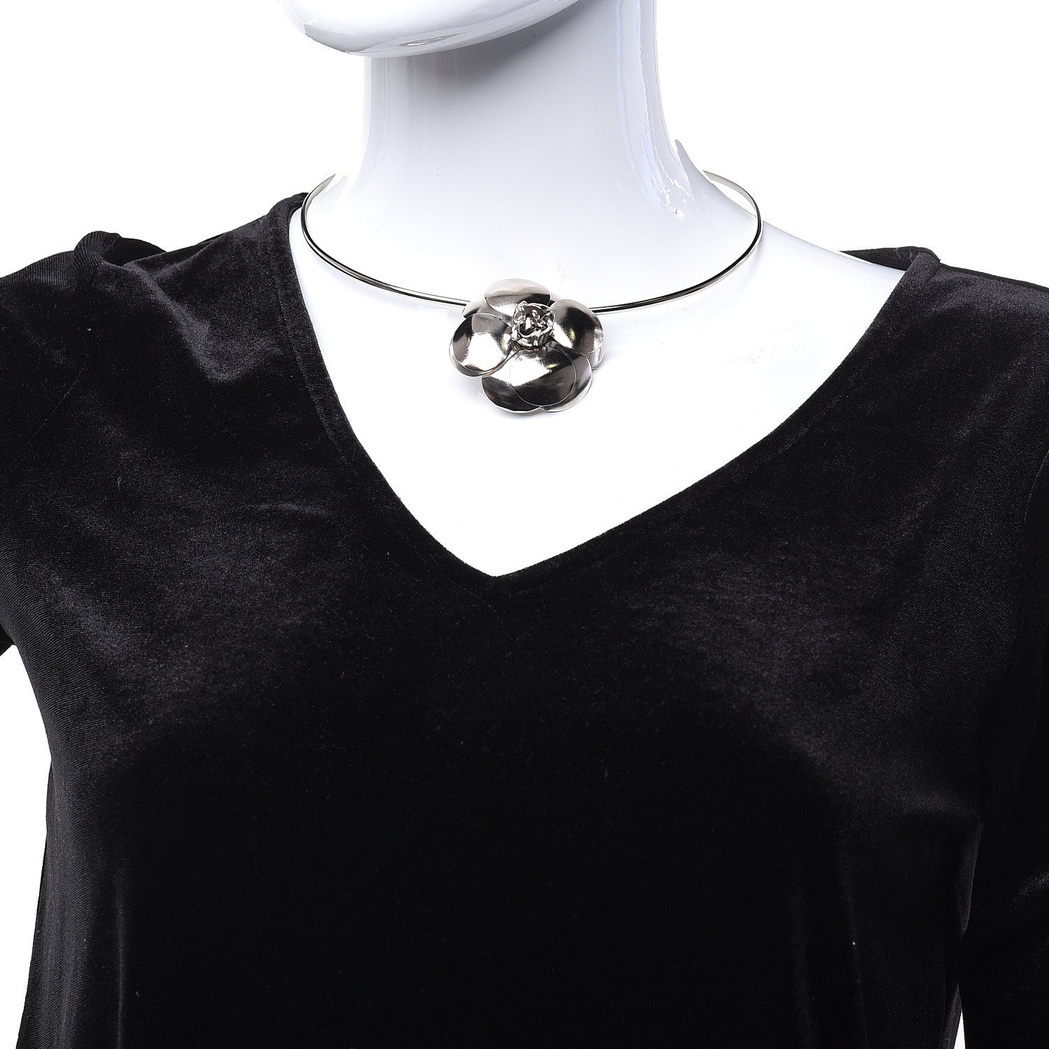 Chanel Metal Camellia Choker Necklace Silver 2 of 5