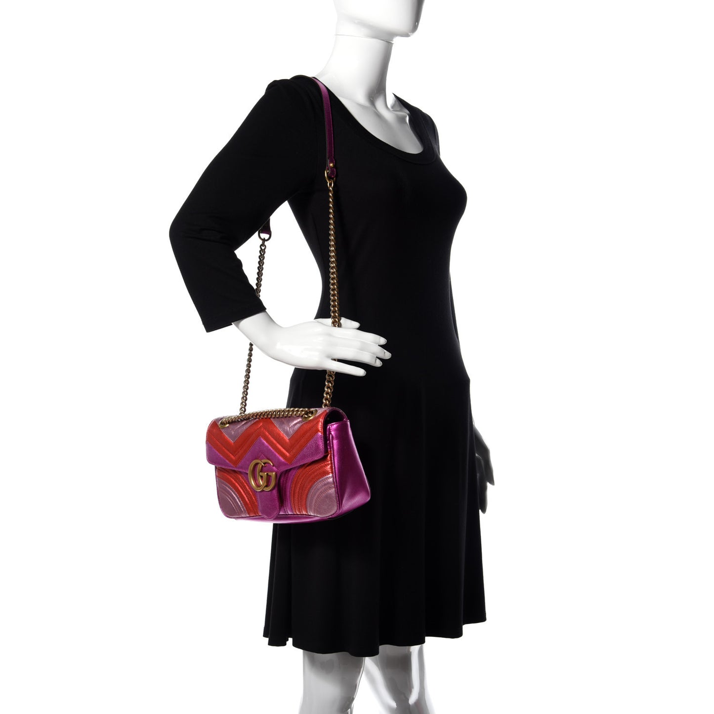 Metallic Calfskin Matelasse Small GG Marmont Shoulder Bag Fuchsia