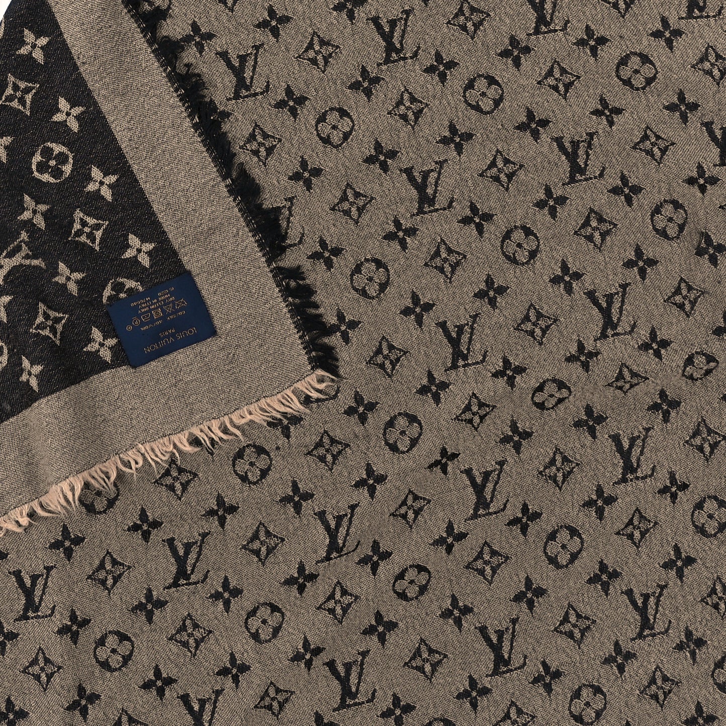 Wool Silk Monogram Denim Shawl Beige Black