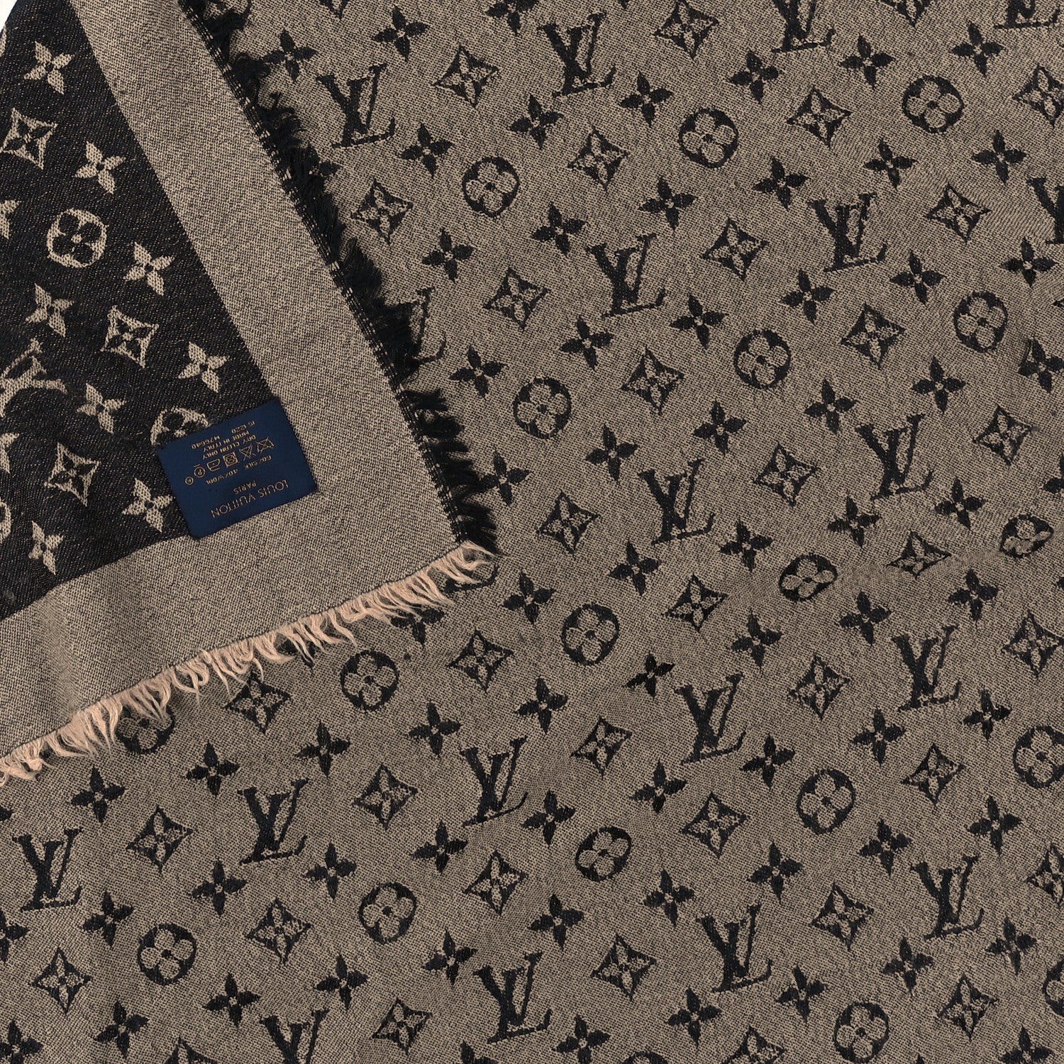 Louis Vuitton Wool Silk Monogram Denim Shawl Beige Black 3 of 3