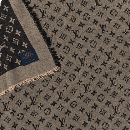 Louis Vuitton Wool Silk Monogram Denim Shawl Beige Black 3 of 3