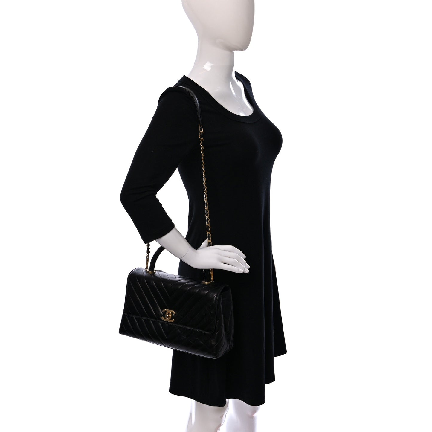 Calfskin Lizard Chevron Quilted Small Coco Handle Flap Black