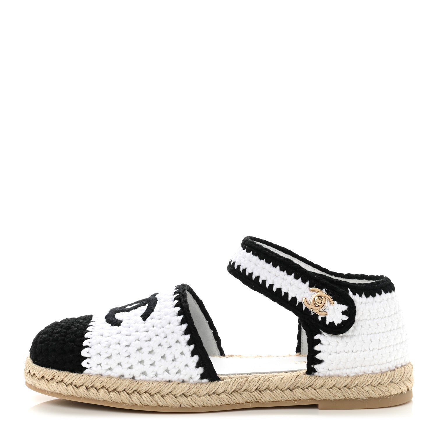 Chanel Braided Knit Cap Toe CC Ankle Strap Espadrilles 40 White Black 1 of 9