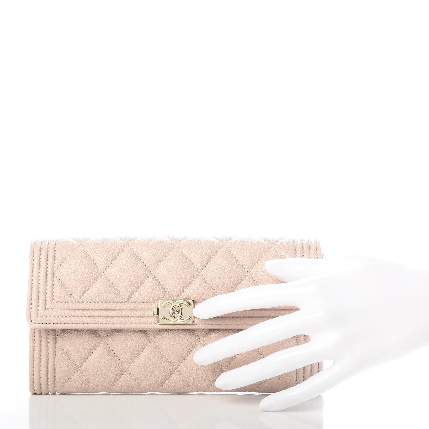 Caviar Quilted Large Boy Gusset Flap Wallet Beige