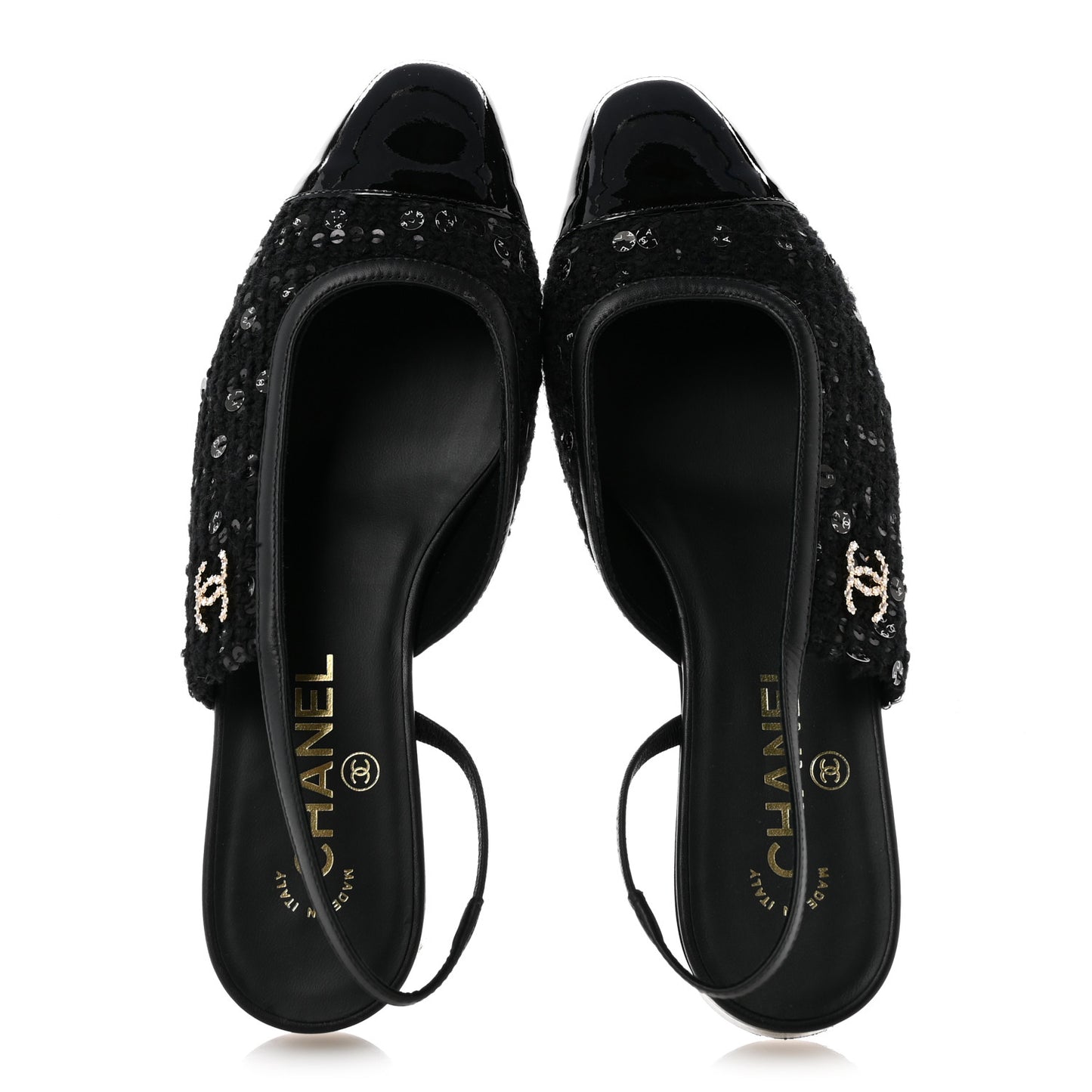 Glittered Wool Tweed Patent Calfskin Cap Toe CC Slingback Flats 37.5 Black