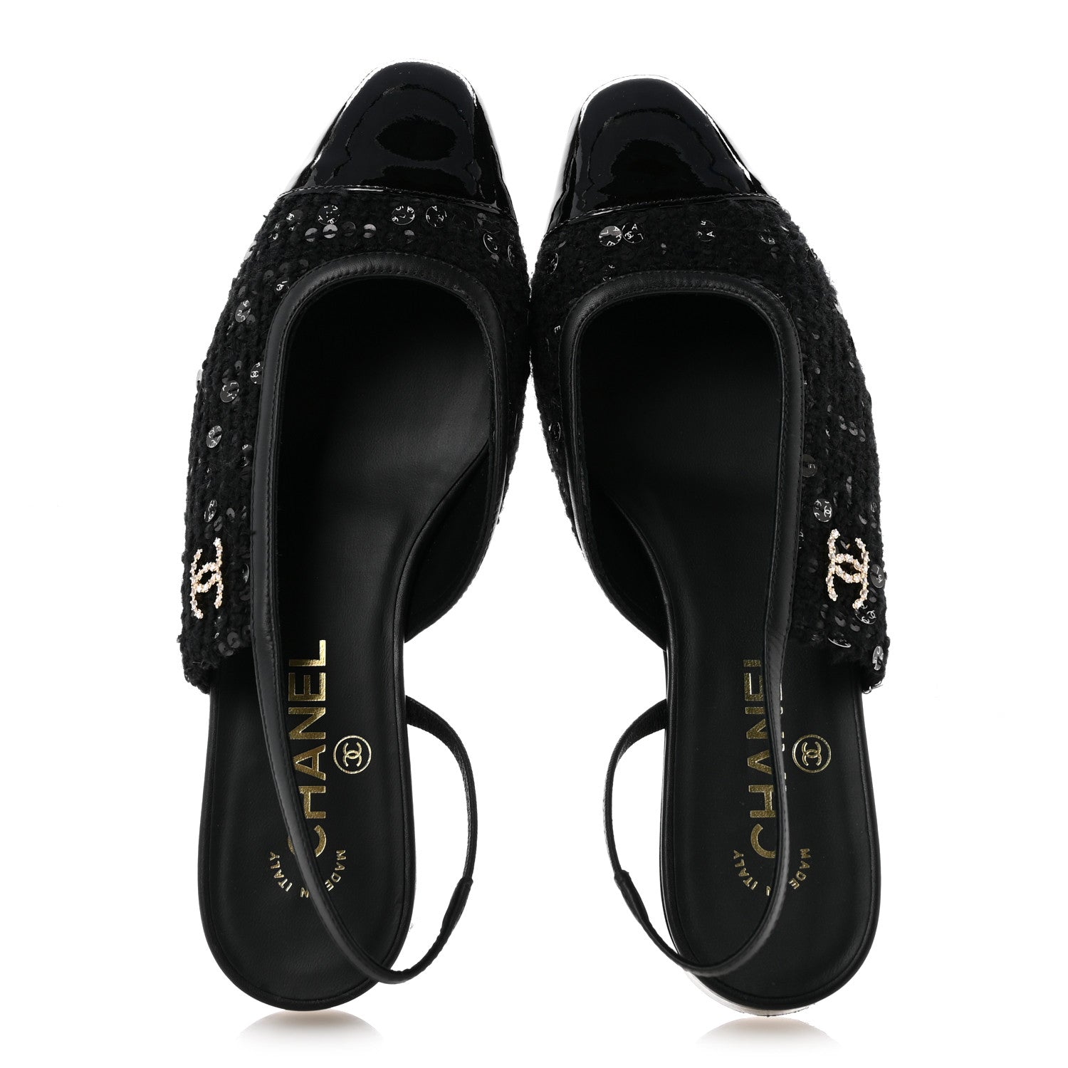 Chanel Glittered Wool Tweed Patent Calfskin Cap Toe CC Slingback Flats 37.5 Black 2 of 11