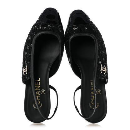 Chanel Glittered Wool Tweed Patent Calfskin Cap Toe CC Slingback Flats 37.5 Black 2 of 11