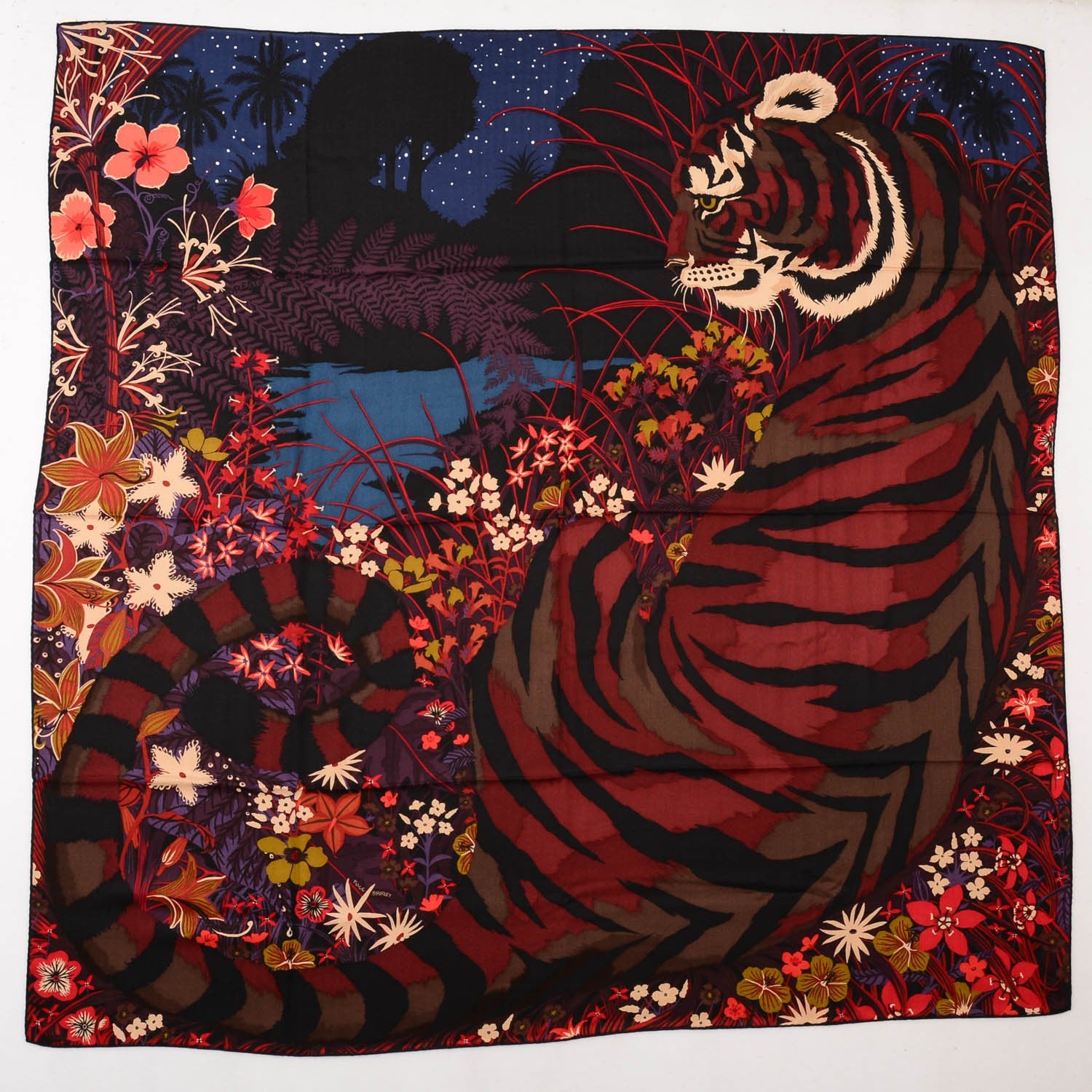 Hermes Cashmere Silk Tyger Tyger Shawl 140 Bleu Nuit Acajou Prune