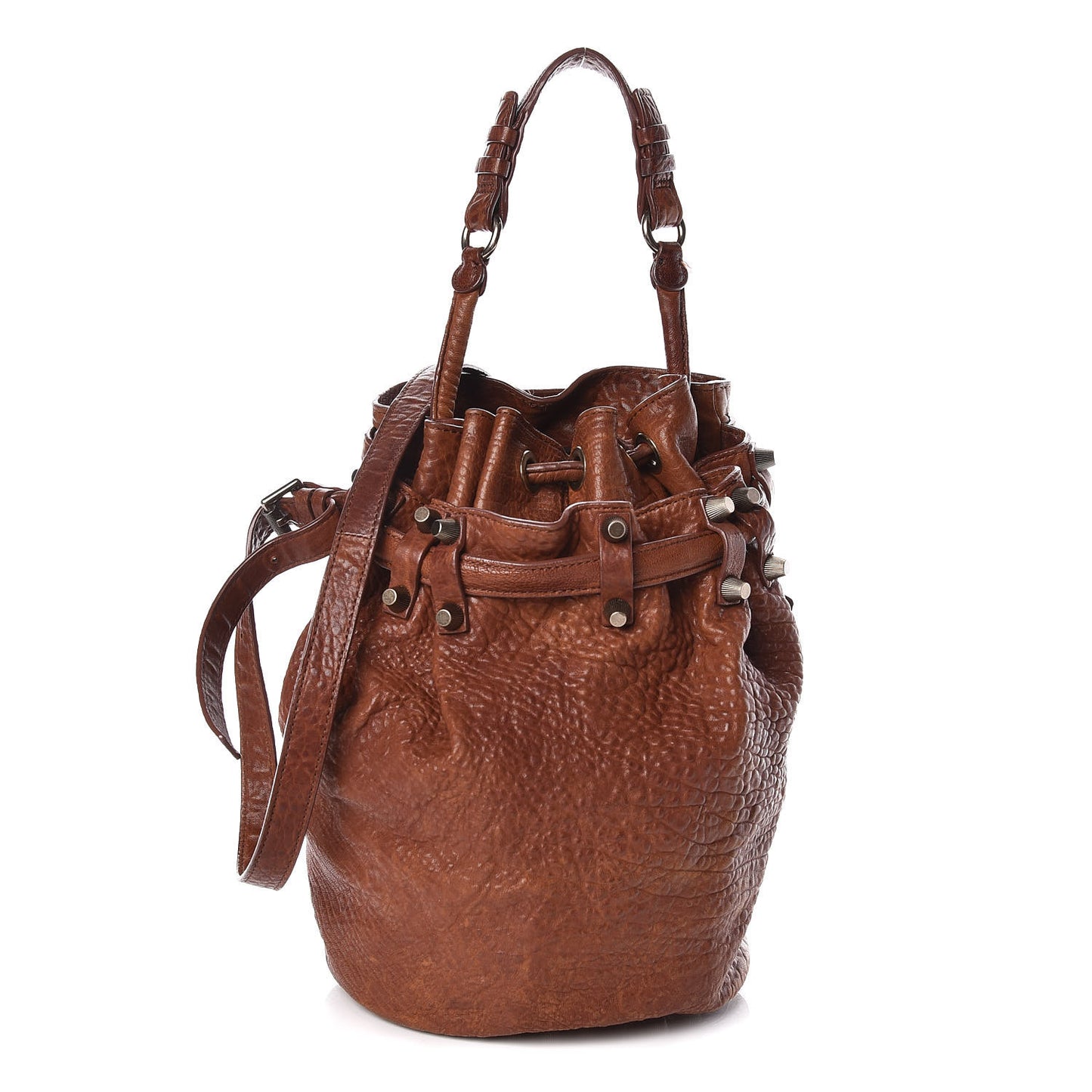 Pebbled Lambskin Diego Bucket Bag Brown Brass Hardware
