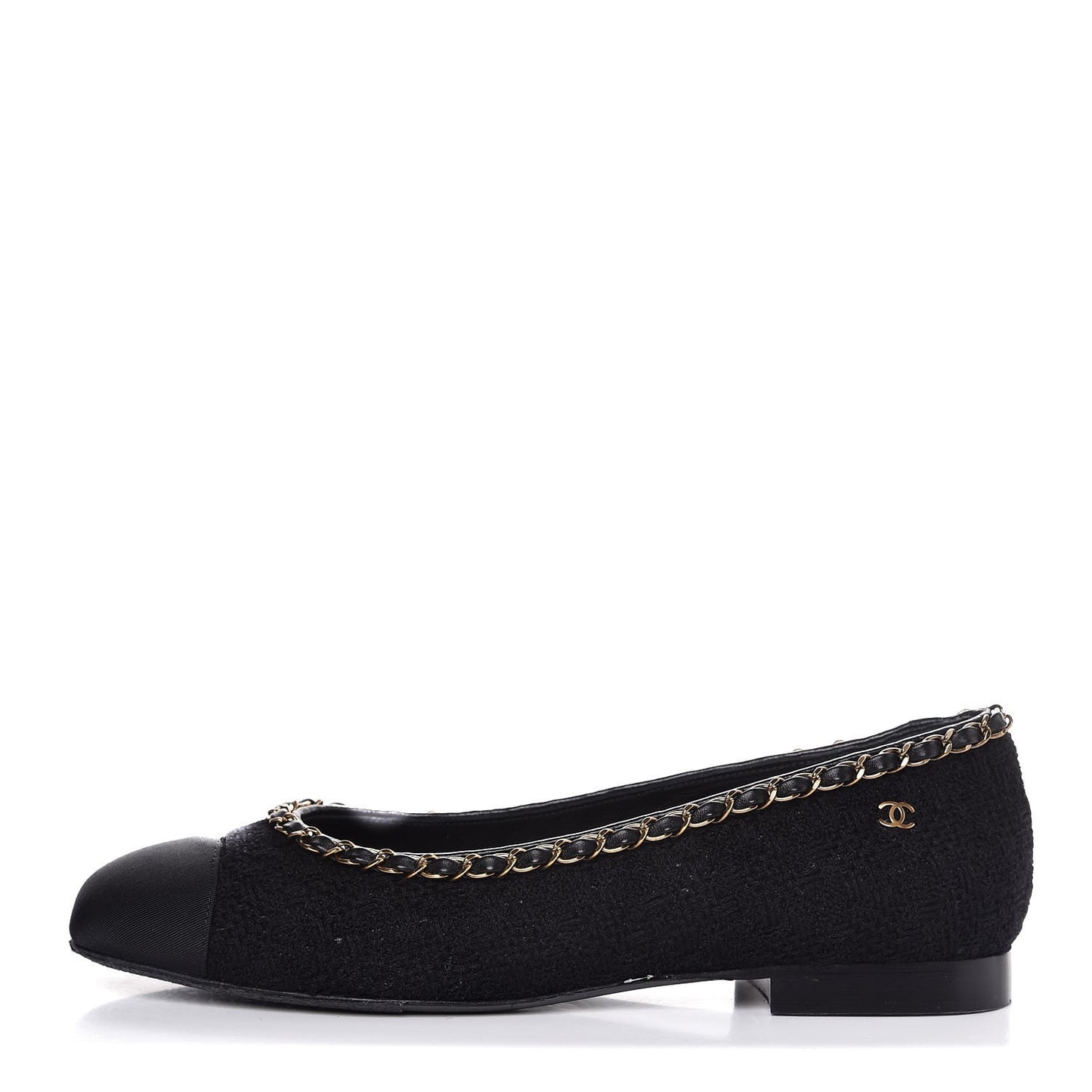 Tweed Grosgrain Chained Cap Toe Ballerina Flats 40 Black