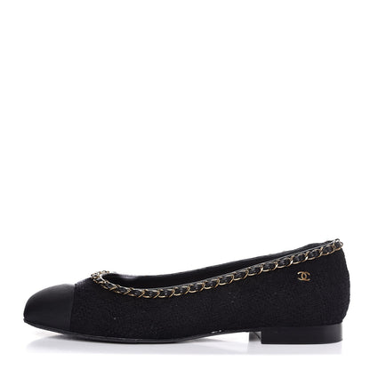 Chanel Tweed Grosgrain Chained Cap Toe Ballerina Flats 40 Black 1 of 11