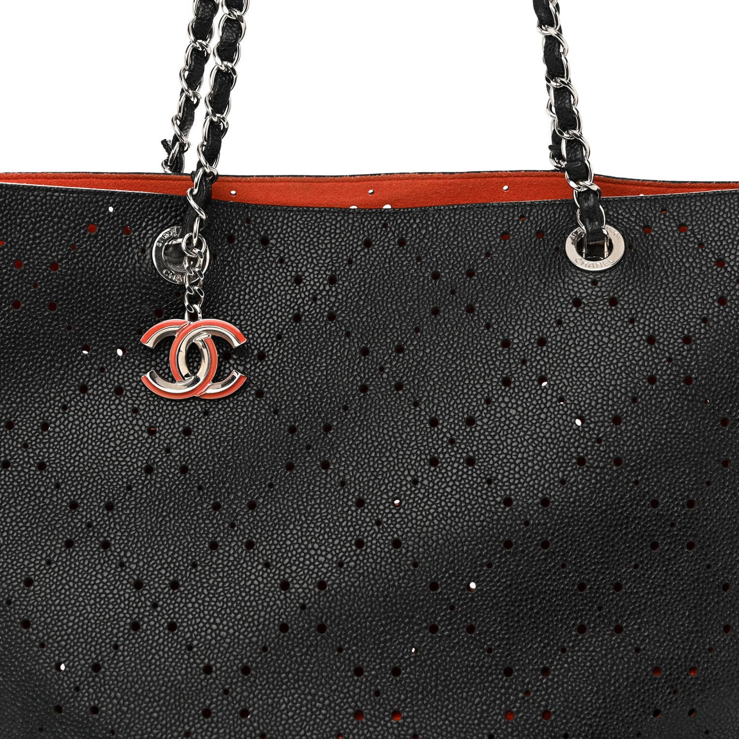 Perforated Grained Calfskin Large Shopping Tote Black